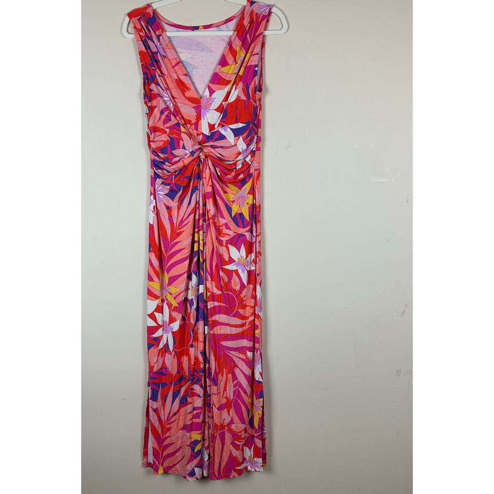 Womens Tropical Floral Maxi Dress SizeM Stretch Bodycon Twist Front Resort Beach